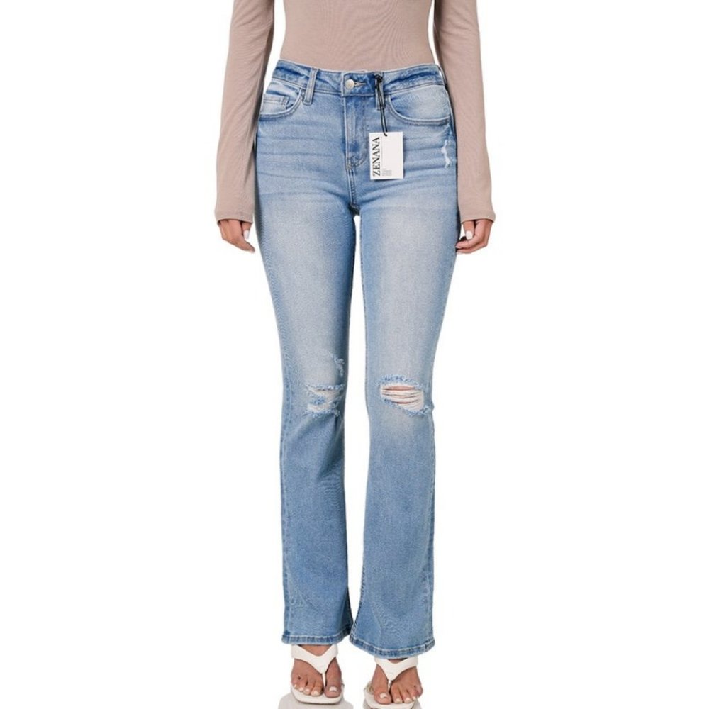 Light Wash Blue Distressed Flare Stretch Denim Jeans NWT - Picture 11 of 13